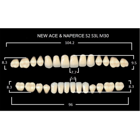 Зубы New Ace 20 полн. гарн. в боксе, верх S2, низ S3L, боковые M30, цвет A2