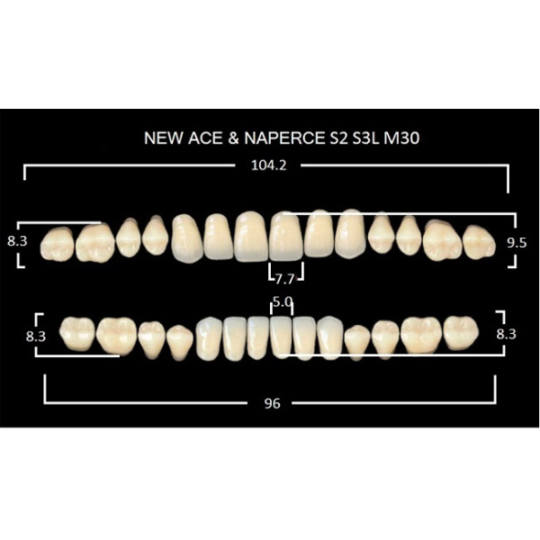 Зубы New Ace 20 полн. гарн. в боксе, верх S2, низ S3L, боковые M30, цвет A2